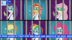 Size: 1440x810 | Tagged: safe, edit, screencap, character:applejack, character:fluttershy, character:pinkie pie, character:rainbow dash, character:rarity, character:sunset shimmer, my little pony:equestria girls, arrested, chemistry, clothing, drugs, glare, goggles, holding, jail, lab coat, news, smiling, smirk, vial