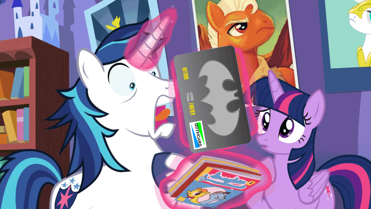 Size: 1198x675 | Tagged: safe, edit, edited screencap, screencap, character:shining armor, character:twilight sparkle, character:twilight sparkle (alicorn), species:alicorn, species:pony, episode:the one where pinkie pie knows, g4, my little pony: friendship is magic, animated, archie comics, bat credit card, batman, comic book, female, frown, funny as hell, horse noises, jughead, magic, mare, nerd, nostalgia critic, open mouth, poster, screaming, smash fortune, telekinesis, tongue out, wide eyes