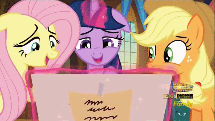 Size: 718x404 | Tagged: safe, edit, screencap, character:applejack, character:fluttershy, character:twilight sparkle, character:twilight sparkle (alicorn), species:alicorn, species:pony, episode:the one where pinkie pie knows, g4, my little pony: friendship is magic, animated, babyjack, birth certificate, blushing, embarrassed, floppy ears, stealth insult, subtle, sweat, sweating profusely, worst pony