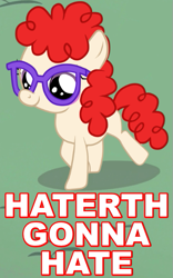 Size: 375x600 | Tagged: safe, edit, edited screencap, screencap, character:twist, episode:crusaders of the lost mark, g4, my little pony: friendship is magic, caption, cute, female, glasses, happy, haters gonna hate, image macro, meme, reaction image, smiling, solo, trotting, twistabetes, vector, walking