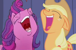 Size: 356x236 | Tagged: safe, edit, edited screencap, screencap, character:applejack, character:sky wishes, episode:boast busters, episode:friends are never far away, g3, g4, my little pony: friendship is magic, eyes closed, floppy ears, laughing, laughingmares.jpg, open mouth, smiling, uvula, volumetric mouth