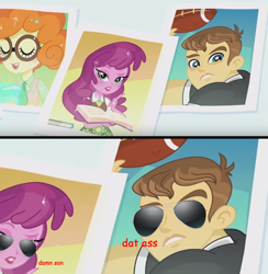 Size: 851x871 | Tagged: safe, edit, edited screencap, screencap, character:cheerilee, character:scribble dee, episode:photo finished, equestria girls:friendship games, g4, my little pony: equestria girls, my little pony:equestria girls, background human, comic, glasses, meme, screencap comic, sunglasses, teddy t. touchdown