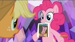 Size: 1280x720 | Tagged: safe, edit, edited screencap, screencap, character:applejack, character:pinkie pie, species:earth pony, species:pony, episode:hearthbreakers, g4, my little pony: friendship is magic, burger, discovery family logo, ed edd n eddy, eddy, female, food, gears, hooves, kanker burger, mare, mouth hold, nagged to ed, open mouth, teeth, the pie's paper meme