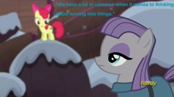 Size: 2048x1148 | Tagged: safe, edit, edited screencap, screencap, character:apple bloom, character:maud pie, species:earth pony, species:pony, episode:hearthbreakers, g4, my little pony: friendship is magic, blue text, caption, discovery family logo, female, filly, mare, text