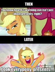 Size: 835x1092 | Tagged: safe, edit, edited screencap, screencap, character:apple bloom, character:applejack, species:pony, episode:hearth's warming eve, episode:hearthbreakers, g4, my little pony: friendship is magic, caption, female, filly, image macro, mare, meme, present