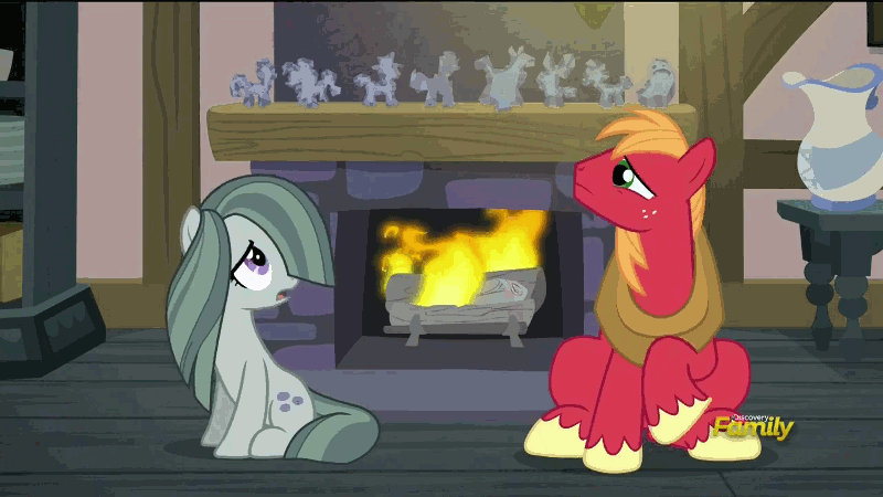 Size: 800x450 | Tagged: safe, edit, screencap, character:big mcintosh, character:marble pie, character:pinkie pie, species:earth pony, species:pony, episode:hearthbreakers, g4, my little pony: friendship is magic, animated, bouncing, discovery family logo, eyes closed, falling, fireplace, frown falling, gritted teeth, loop, male, pie twins, prone, raised hoof, reversed, sisters, sitting, smiling, stallion, twins, watching, weird rock