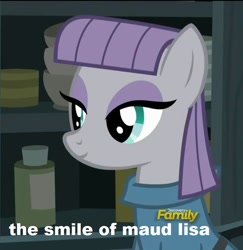 Size: 698x719 | Tagged: safe, edit, edited screencap, screencap, character:maud pie, species:earth pony, species:pony, episode:hearthbreakers, g4, my little pony: friendship is magic, caption, cute, discovery family logo, female, mare, maudabetes, smiling, solo, text, when she smiles
