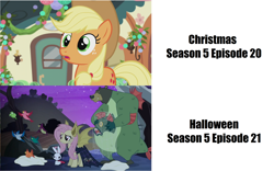 Size: 2308x1444 | Tagged: safe, edit, edited screencap, screencap, character:angel bunny, character:applejack, character:constance, character:flutterbat, character:fluttershy, character:harry, species:bat pony, species:bird, species:earth pony, species:pegasus, species:pony, episode:hearthbreakers, episode:scare master, g4, my little pony: friendship is magic, bear, clothing, costume, dress, fake ears, fake wings, female, flutterbat costume, harry the swamp monster, male, mare, nightmare night, nightmare night costume, slowpoke, spider web, timeline