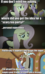 Size: 646x1062 | Tagged: safe, edit, edited screencap, screencap, character:discord, character:fluttershy, character:twilight sparkle, character:twilight sparkle (alicorn), species:alicorn, species:draconequus, species:pony, episode:make new friends but keep discord, episode:scare master, g4, my little pony: friendship is magic, athena sparkle, clothing, comic, costume, female, flashback, flutterbuse, fluttershy's cottage, i emptied your fridge, image macro, male, mare, meme, plate, pure unfiltered evil, shirt, teacakes