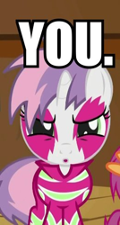 Size: 260x484 | Tagged: safe, edit, edited screencap, screencap, character:sweetie belle, species:pony, species:unicorn, episode:the show stoppers, g4, my little pony: friendship is magic, angry, clothing, cropped, face paint, female, filly, foal, fourth wall, image macro, looking at you, show stopper outfits, solo focus