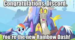 Size: 800x428 | Tagged: safe, edit, edited screencap, screencap, character:discord, character:rainbow dash, episode:the return of harmony, episode:what about discord?, g4, my little pony: friendship is magic, dialogue, image macro, meme, new rainbow dash, twilight's castle, waving