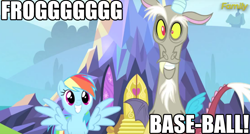 Size: 1242x666 | Tagged: safe, edit, edited screencap, screencap, character:discord, character:rainbow dash, episode:what about discord?, g4, my little pony: friendship is magic, beavis, beavis and butthead, butthead, caption, cute, discute, frog baseball, image macro, implications, implied death, meme