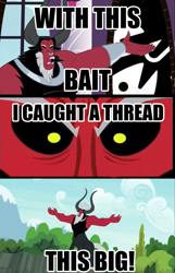 Size: 1281x1990 | Tagged: safe, edit, edited screencap, screencap, character:lord tirek, episode:twilight's kingdom, g4, my little pony: friendship is magic, bait, crossing the memes, dialogue, exploitable meme, image macro, is this supposed to be humorous, lord tirek's outstretched arms, meme