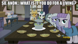 Size: 1057x596 | Tagged: safe, edit, edited screencap, screencap, character:cloudy quartz, character:igneous rock pie, character:limestone pie, character:marble pie, character:maud pie, oc, oc:anon, caption, discovery family logo, image macro, looking at you, meme, pie family, pie family home, pie sisters, quartzrock, siblings, sisters