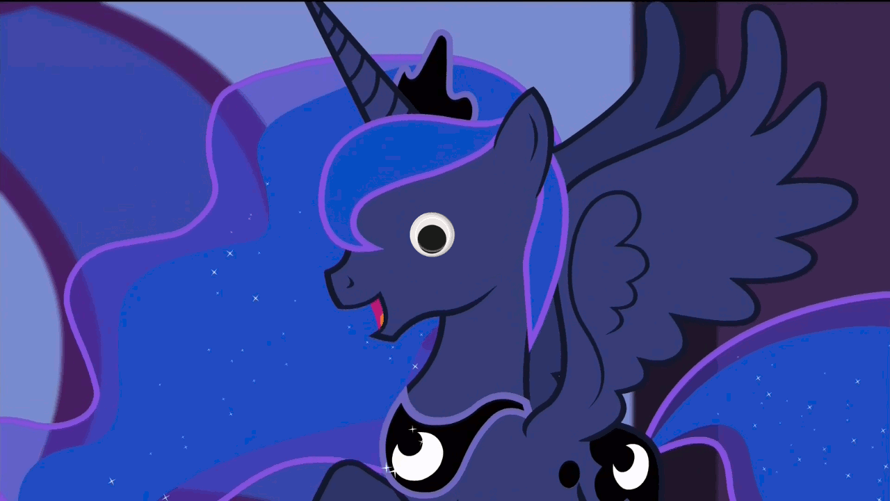 Size: 1280x720 | Tagged: safe, edit, edited screencap, screencap, character:princess luna, episode:princess spike, g4, my little pony: friendship is magic, animated, creepy, female, googly eyes, solo