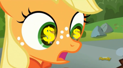 Size: 1671x932 | Tagged: safe, edit, edited screencap, screencap, character:applejack, episode:the mane attraction, g4, my little pony: friendship is magic, discovery family logo, dollar sign, dollar sign eyes, female, filly, filly applejack, foal, solo, wingding eyes, younger