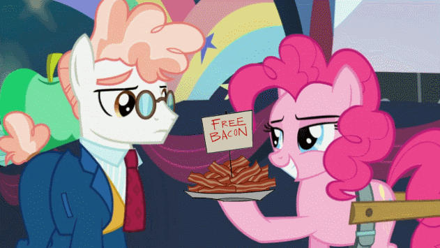 Size: 631x355 | Tagged: safe, edit, edited screencap, screencap, character:pinkie pie, character:svengallop, episode:the mane attraction, g4, my little pony: friendship is magic, animated, bacon, clone high, food, meat, unamused