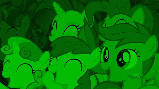 Size: 640x360 | Tagged: safe, edit, edited screencap, screencap, character:apple bloom, character:pinkie pie, character:rainbow stars, character:rarity, character:scootaloo, character:sweetie belle, character:tender brush, species:pegasus, species:pony, episode:the mane attraction, g4, my little pony: friendship is magic, animated, cheering, cutie mark crusaders, headbob, loop, party hard, rave