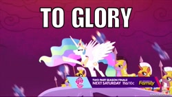 Size: 1000x564 | Tagged: safe, edit, edited screencap, screencap, character:princess celestia, species:alicorn, species:pegasus, species:pony, episode:the cutie re-mark, crystal war timeline, discovery family logo, ethereal mane, female, image macro, mare, meme, royal guard, spear, weapon
