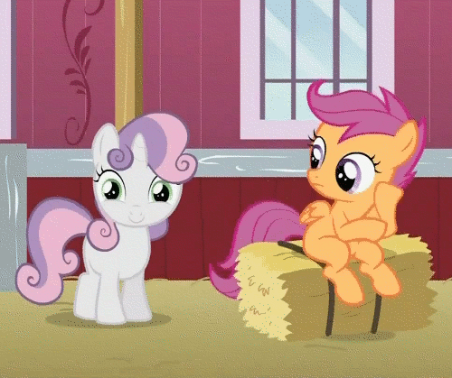 Size: 500x419 | Tagged: safe, edit, edited screencap, screencap, character:scootaloo, character:sweetie belle, species:pegasus, species:pony, species:unicorn, episode:hearts and hooves day, g4, my little pony: friendship is magic, adoracreepy, animated, barn, creepy, cropped, cute, diasweetes, duo, female, filly, hay bale, looking at you, sweet apple acres, tenso, zoom