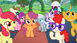 Size: 1920x1080 | Tagged: safe, edit, edited screencap, screencap, character:apple bloom, character:diamond tiara, character:featherweight, character:lily longsocks, character:photo finish, character:scootaloo, character:silver spoon, character:snails, character:sweetie belle, character:twist, species:earth pony, species:pegasus, species:pony, species:unicorn, episode:the mane attraction, g4, my little pony: friendship is magic, animation error, circled, colt, female, filly, foal, great moments in animation, magic, male, size difference, wat