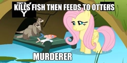 Size: 621x308 | Tagged: safe, edit, edited screencap, screencap, character:fluttershy, episode:dragonshy, g4, my little pony: friendship is magic, caption, carnivore, circle of life, dead, feeding, ferret, fish, image macro, implied murder