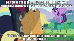 Size: 960x540 | Tagged: safe, edit, screencap, character:applejack, character:twilight sparkle, character:twilight sparkle (alicorn), species:alicorn, species:pony, episode:a canterlot wedding, episode:the mane attraction, g4, my little pony: friendship is magic, female, image macro, mare, meme, text edit, trollight sparkle
