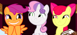 Size: 890x414 | Tagged: safe, edit, edited screencap, screencap, character:apple bloom, character:scootaloo, character:sweetie belle, species:pegasus, species:pony, episode:just for sidekicks, g4, my little pony: friendship is magic, cropped, cutie mark crusaders, faec