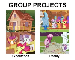 Size: 1200x960 | Tagged: safe, edit, edited screencap, screencap, character:apple bloom, character:cheerilee, character:scootaloo, character:sweetie belle, species:pegasus, species:pony, episode:stare master, episode:the return of harmony, episode:the show stoppers, g4, my little pony: friendship is magic, clubhouse, crusaders clubhouse, cutie mark crusaders, expectation vs reality, fluttershy's cottage, truth
