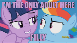 Size: 1920x1080 | Tagged: safe, edit, edited screencap, screencap, character:rainbow dash, character:twilight sparkle, character:twilight sparkle (alicorn), species:alicorn, species:pony, episode:the cutie re-mark, bedroom eyes, caption, duo, eye contact, female, filly, flying, frown, grin, i need an adult, image macro, lip bite, mare, meme, out of context, purple text, smiling, stranger danger, twilest dashle, wide eyes
