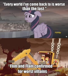 Size: 855x960 | Tagged: safe, edit, edited screencap, screencap, character:flam, character:flim, character:twilight sparkle, character:twilight sparkle (alicorn), species:alicorn, species:pony, species:unicorn, episode:the cutie re-mark, alternate timeline, ashlands timeline, backhoe, barren, brothers, cutie map, discovery family logo, dystopia, ecocide, female, flim flam brothers, flim flam industry timeline, floppy ears, fuzzy dice, harvester, image macro, implied genocide, male, mare, meme, post-apocalyptic, stallion