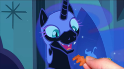 Size: 950x534 | Tagged: safe, edit, edited screencap, screencap, character:nightmare moon, character:princess luna, episode:the cutie re-mark, cute, eyes on the prize, faec, fangs, hand, moonie snacks, nightmare takeover timeline, open mouth, sharp teeth, smiling, treat