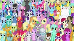 Size: 1280x720 | Tagged: safe, edit, edited screencap, screencap, character:aloe, character:amethyst star, character:apple bloom, character:applejack, character:berry punch, character:berryshine, character:big mcintosh, character:bon bon, character:bulk biceps, character:carrot cake, character:carrot top, character:cheerilee, character:cloudchaser, character:cup cake, character:derpy hooves, character:diamond tiara, character:dj pon-3, character:doctor whooves, character:flitter, character:fluttershy, character:golden harvest, character:granny smith, character:lemon hearts, character:lily, character:lily valley, character:linky, character:lotus blossom, character:lyra heartstrings, character:maud pie, character:mayor mare, character:minuette, character:octavia melody, character:pinkie pie, character:pipsqueak, character:pound cake, character:pumpkin cake, character:rainbow dash, character:rarity, character:roseluck, character:scootaloo, character:sea swirl, character:shoeshine, character:silver spoon, character:snails, character:snips, character:sparkler, character:spike, character:spring melody, character:sprinkle medley, character:starlight glimmer, character:sweetie belle, character:sweetie drops, character:thunderlane, character:time turner, character:twilight sparkle, character:twilight sparkle (alicorn), character:twinkleshine, character:twist, character:vinyl scratch, species:alicorn, species:pegasus, species:pony, species:unicorn, episode:the cutie re-mark, cake family, colt, cutie mark crusaders, everypony at s5's finale, female, implied photo finish, looking at you, male, mane six, mare, the ghost of obsidian pie, wall of tags