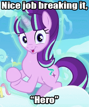 Size: 304x367 | Tagged: safe, edit, edited screencap, screencap, character:fluttershy, character:starlight glimmer, species:pony, episode:the cutie re-mark, 8^y, animated, clapping, female, filly, glados, glowing horn, image macro, levitation, looking at you, magic, mare, meme, portal (valve), self-levitation, starlight says bravo, telekinesis, tv tropes