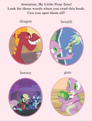 Size: 594x784 | Tagged: safe, edit, edited screencap, screencap, character:applejack, character:fluttershy, character:radiance, character:rarity, character:spike, species:dragon, species:earth pony, species:pegasus, species:pony, species:unicorn, episode:dragon quest, episode:friendship is magic, episode:just for sidekicks, episode:power ponies, g4, my little pony: friendship is magic, apron, book, breath, clothing, dragon mail, female, gem, heroes, male, mare, naked apron, scroll, target demographic