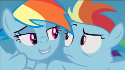 Size: 1136x640 | Tagged: safe, edit, edited screencap, screencap, character:rainbow dash, episode:the cutie re-mark, double rainbow, duality, filly, filly rainbow dash, implied selfcest, lip bite, narcissism, self ponidox, this will end in timeline distortion, time paradox, twilest dashle