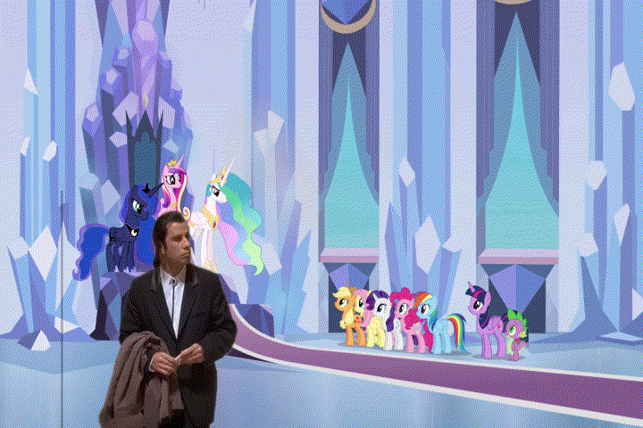 Size: 720x480 | Tagged: safe, edit, edited screencap, screencap, character:applejack, character:fluttershy, character:pinkie pie, character:princess cadance, character:princess celestia, character:princess luna, character:rainbow dash, character:rarity, character:spike, character:twilight sparkle, character:twilight sparkle (alicorn), species:alicorn, species:pony, animated, confused, confused travolta, crystal empire, female, john travolta, lost, mane six, mare, meme