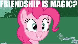Size: 250x143 | Tagged: safe, edit, edited screencap, screencap, character:pinkie pie, species:earth pony, species:pony, episode:baby cakes, g4, my little pony: friendship is magic, animated, caption, eye shimmer, female, frown, gif, hub logo, image macro, looking at you, mare, meme, open mouth, reaction image, smiling, solo