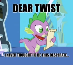 Size: 436x386 | Tagged: safe, edit, edited screencap, screencap, character:spike, character:twist, species:dragon, episode:friendship is magic, g4, my little pony: friendship is magic, caption, image macro, letter, male, meme, quill, spike's love letters, spiketwist, tongue out