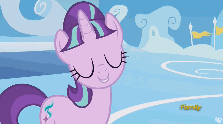 Size: 848x472 | Tagged: safe, edit, edited screencap, screencap, character:starlight glimmer, species:pony, species:unicorn, episode:the cutie re-mark, animated, caption, cloudsdale, cute, didn't read, discovery family logo, female, glimmerbetes, head tilt, image macro, lol, mare, meme, open mouth, reaction image, smiling, solo, starlight's tilt, talking