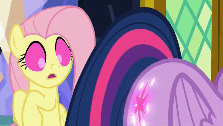 Size: 747x423 | Tagged: safe, edit, edited screencap, screencap, character:fluttershy, character:twilight sparkle, character:twilight sparkle (alicorn), species:alicorn, species:pony, episode:the hooffields and mccolts, g4, my little pony: friendship is magic, animated, booty call, female, glowing cutie mark, hypnosis, kiss my ass, mare, plot