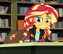 Size: 1152x996 | Tagged: safe, edit, edited screencap, screencap, character:sunset shimmer, equestria girls:friendship games, g4, my little pony: equestria girls, my little pony:equestria girls, :d, canterlot high, cropped, journey book, library, lidded eyes, smiling, sunedge shimmer