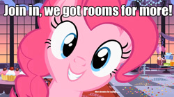 Size: 1280x719 | Tagged: safe, edit, edited screencap, screencap, character:pinkie pie, episode:sweet and elite, g4, my little pony: friendship is magic, bronybait, fourth wall, grin, happy, hi anon, image macro, meme, party, smiling