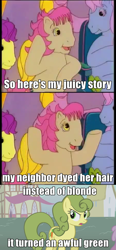 Size: 450x974 | Tagged: safe, edit, edited screencap, screencap, character:carrot top, character:clover (g1), character:golden harvest, character:patch (g1), species:earth pony, species:pony, episode:boast busters, episode:shop talk, g1, g4, my little pony tales, my little pony: friendship is magic, background pony, caption, female, green hair, green mane, lyrics, mare, meme