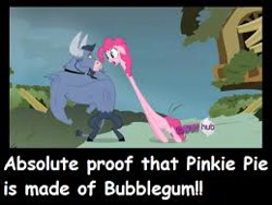 Size: 259x195 | Tagged: safe, edit, screencap, character:iron will, character:pinkie pie, species:earth pony, species:minotaur, species:pony, episode:putting your hoof down, g4, my little pony: friendship is magic, bubblegum, comic sans, excessive exclamation marks, eye contact, female, floppy ears, food, gum, image macro, impossibly long neck, long neck, looking at each other, male, mare, meme, needs more jpeg, open mouth, picture for breezies, pinkie being pinkie, pinkie physics, ponies, stretchy, text, wat, wide eyes