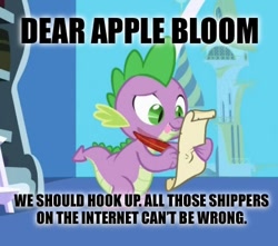 Size: 436x386 | Tagged: safe, edit, edited screencap, screencap, character:spike, species:dragon, ship:spikebloom, episode:friendship is magic, g4, my little pony: friendship is magic, caption, female, image macro, letter, male, meme, quill, shipping, spike's love letters, straight, tongue out