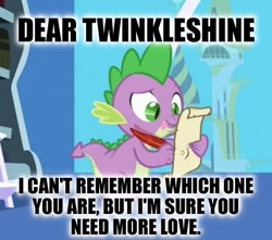 Size: 436x386 | Tagged: safe, edit, edited screencap, screencap, character:spike, species:dragon, episode:friendship is magic, g4, my little pony: friendship is magic, caption, hilarious in hindsight, image macro, impact font, implied twinkleshine, letter, male, meme, quill, spike's love letters, tongue out