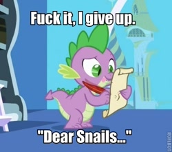 Size: 436x386 | Tagged: safe, edit, edited screencap, screencap, character:snails, character:spike, species:dragon, episode:friendship is magic, g4, my little pony: friendship is magic, caption, letter, male, meme, quill, spike's love letters, tongue out, vulgar