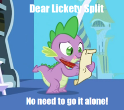Size: 436x386 | Tagged: safe, edit, edited screencap, screencap, character:lickety split, character:spike, species:dragon, episode:friendship is magic, g1, g4, my little pony: friendship is magic, caption, desperation, g1 reference, i'll go it alone, image macro, letter, male, quill, spike's love letters, tongue out