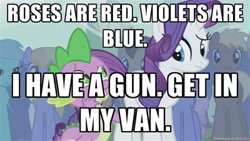 Size: 400x225 | Tagged: safe, edit, edited screencap, screencap, character:rarity, character:spike, species:dragon, species:earth pony, species:pony, species:unicorn, episode:boast busters, g4, my little pony: friendship is magic, bad pickup line spike, caption, female, image macro, male, mare, stallion, threat